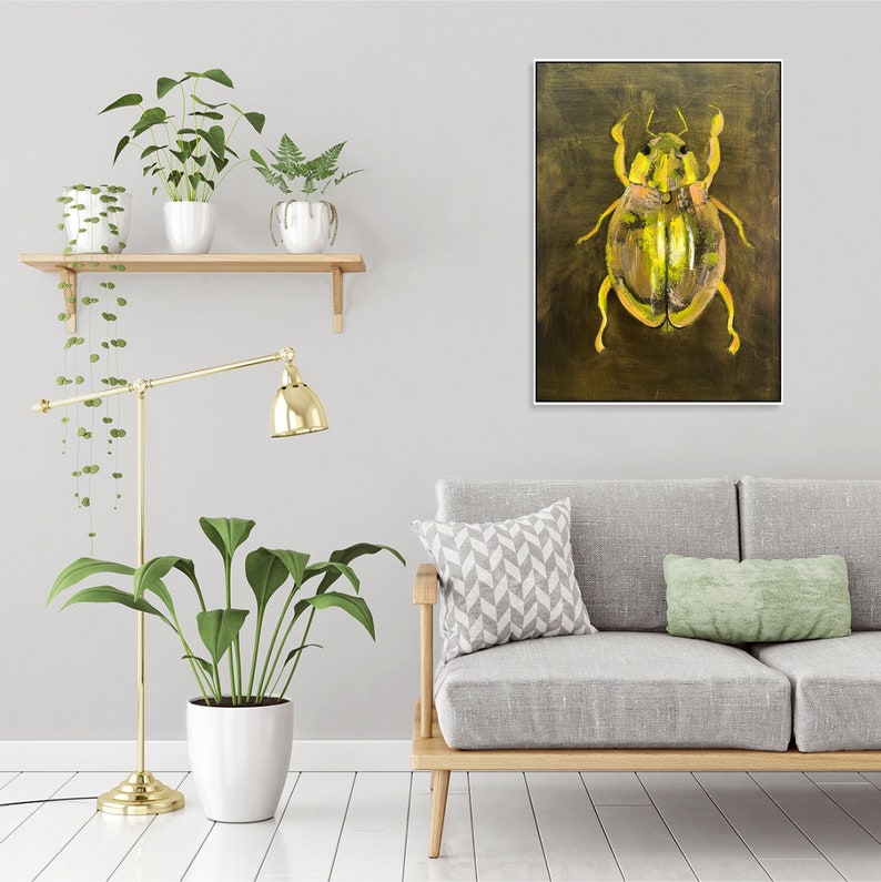 Golden Beetle Abstract Painting Unique Insect Art on Canvas, Modern Handmade Wall Decor, Nature-Inspired Artwork for Home or Office