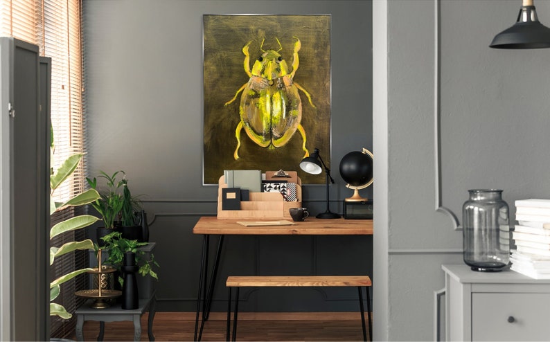Golden Beetle Abstract Painting Unique Insect Art on Canvas, Modern Handmade Wall Decor, Nature-Inspired Artwork for Home or Office