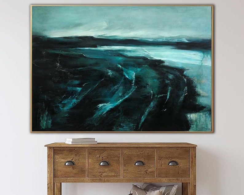 Extra Large Dark Green Seascape Paintings On Canvas Abstract Ocean Painting Navy Blue Fine Art Modern Oil Painting for Living Room Decor