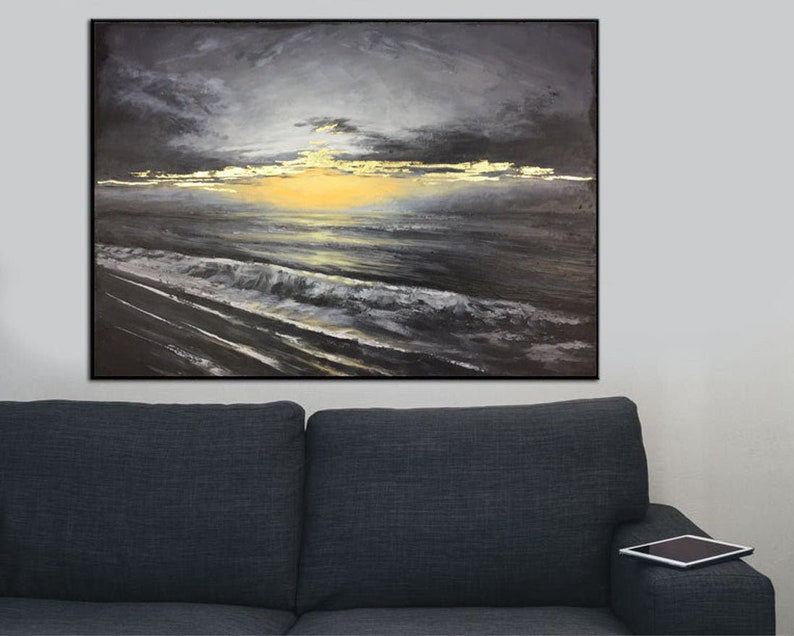 Golden Horizon Expressionist Seascape with Sunset Reflections Modern Textured Art Serenity Nature Tranquility Modern Design Handmade Art