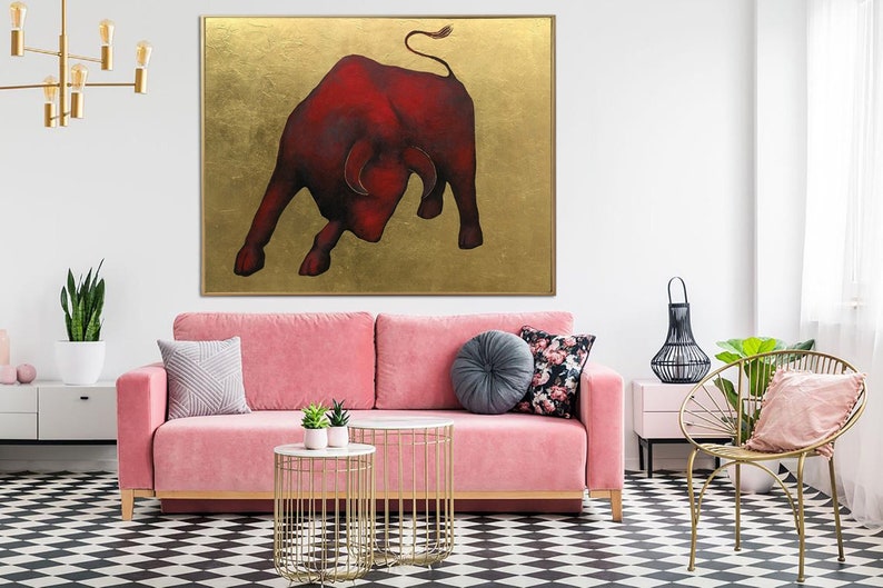 Abstract Bull Colorful Oil Painting Original Red Bull on Gold Leaf Wall Art Modern Animal Artwork for Home UNSTOPPABLE BULL