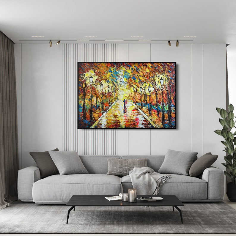 Romantisk gademaleri i byen - Farverig efterårsparkscene med et par, der går - Stor impressionistisk lærredsvægkunst til stuen