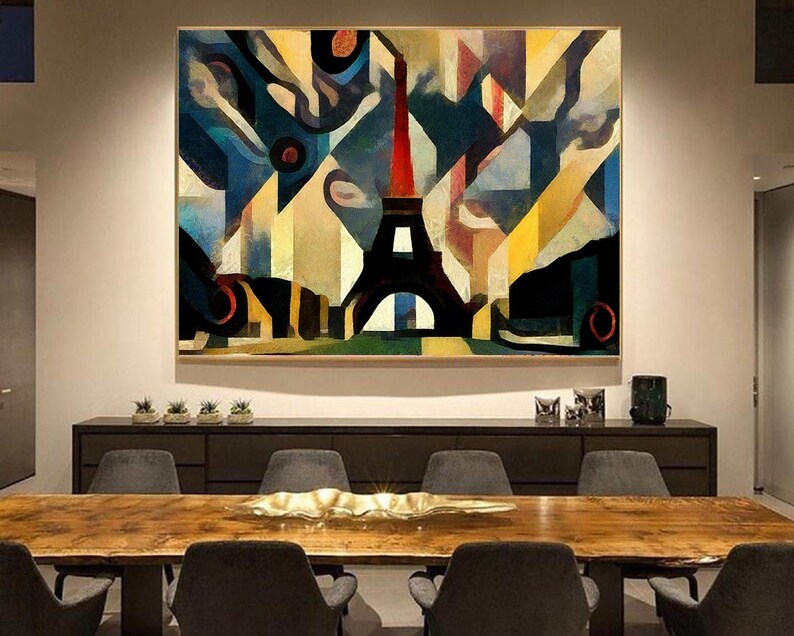 Abstrakt Eiffeltårnmaleri Pariser Tårnmaleri Urban Scene Kunst Moderne Vægkunst Farverig Vægkunst Original Kubistisk Maleri Kunst Indrammet