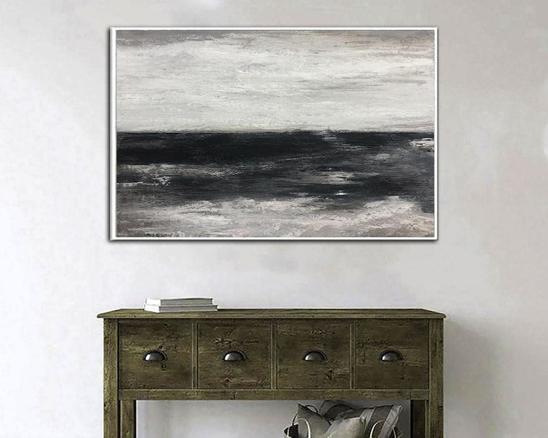 Landskabsmaleri Sort-hvid Minimalistisk kunst til stuen Samtidskunst Rammemaleri Moderne vægkunst Kystvægdekoration
