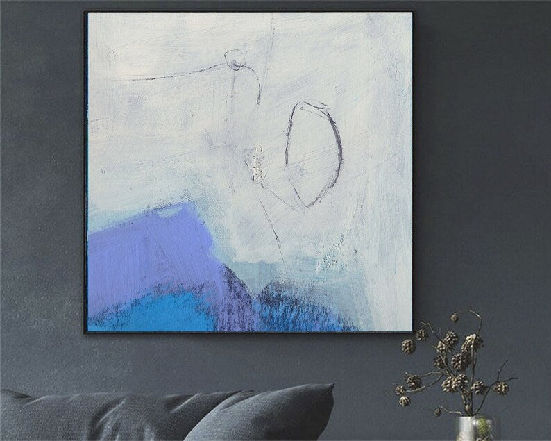 Blue Painting Modern Wall Art Abstract White Painting Large Minimalist Canvas Art Textured Wall Art Office Decor Living Room Decor
