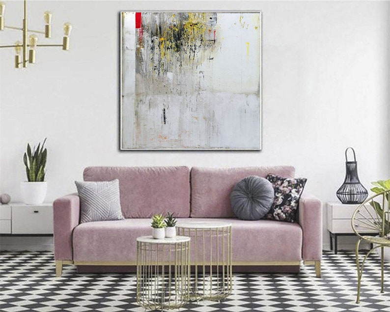 Abstract Minimalist Textured Painting – Large White Canvas with Hints of Yellow and Red for Contemporary Wall Decor