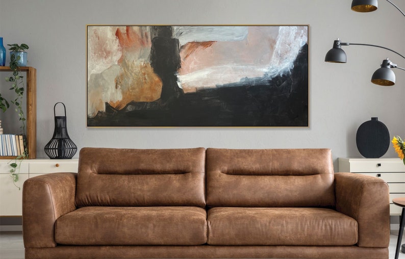 Extra Large Horizontal Black And Beige Canvas Art Abstract Artwork Oversized Wall Art Abstract Minimalism Modern Paintings Acrylic