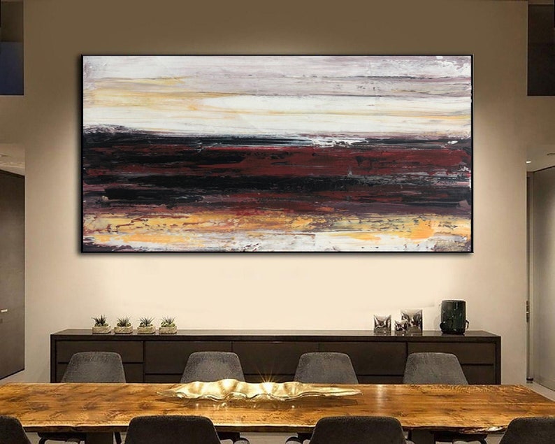 Landskabsmaleri Rød og sort kunst Abstrakt landskab Horisont Illusion Fredfyldt solnedgangskunst Samtidskunst Stue Vægkunst