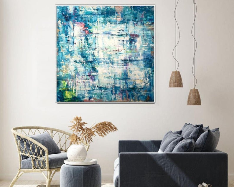 Original Blue Painting On Canvas Custom Oil Wall Hanging Artwork Modern Textured Handmade Decor for Living Room