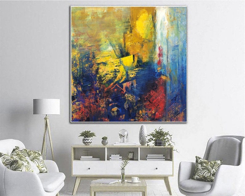 Original Abstract Colorful Paintings On Canvas, Modern Yellow Wall Hanging Deco Artwork Acrylic Boho Style Hand Painted Art for Home Decor