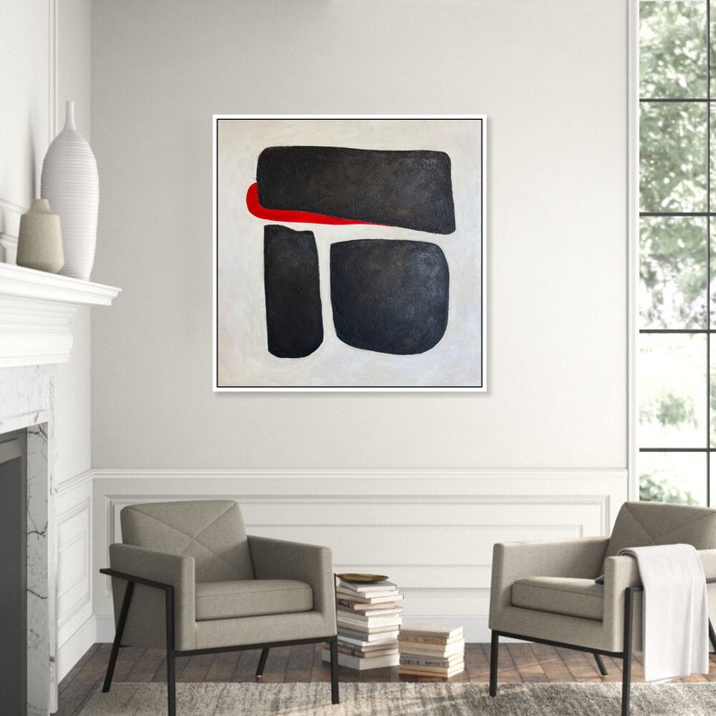 Original Geometric Oil Painting Abstract Three Black Stones Modern Black and White Artwork Decor for Home RIGHT WAY