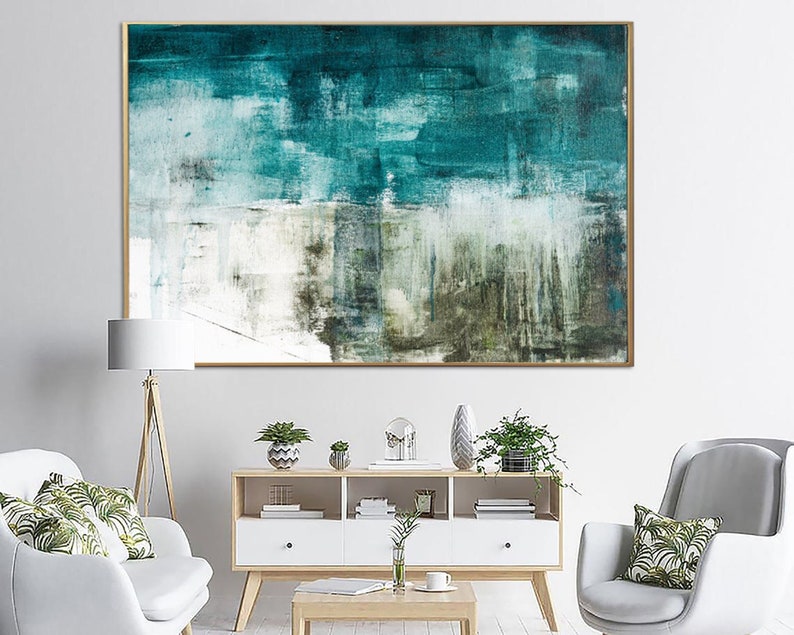 Teal Painting Abstract Art Modern Textured Wall Art Blue Painting Living Room Calm Coastal Decor Wall Art Framed Housewarming Gift