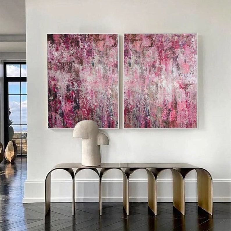 Abstract Colorful Set Of 2 Custom Oil Paintings On Canvas Modern Pink Wall Art Decor for Home PINK NOISE