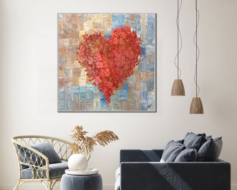 Original Red Heart Acrylic Painting Red Flowers Textured Wall Hanging Artwork Romantic Decor for Bedroom