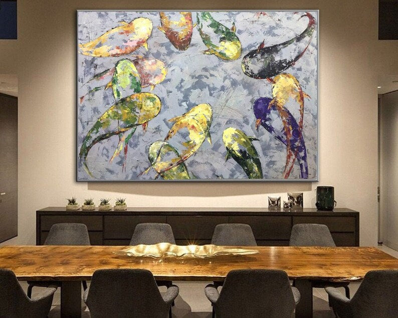 Abstract Koi Fishes Paintings On Canvas Colorful Artwork Modern Oil Wall Art Feng Shui Painting Abstract Fine Art for Living Room Wall Decor