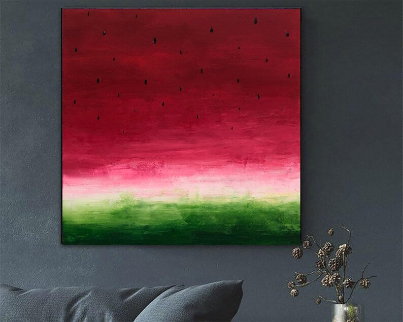 Vandmelon, Originalmaleri, Abstrakt maleri, Ekspressionistisk maleri, Vandmelonmaleri, Stilleben, Farverig, Vandmelon rødgrøn
