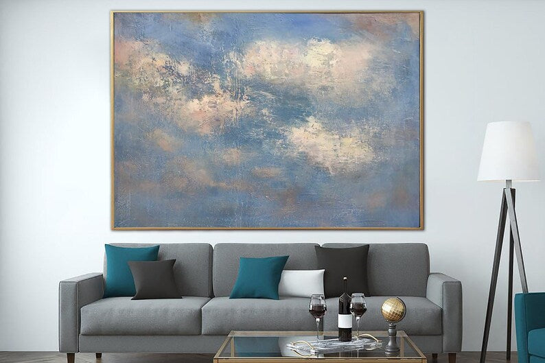 Abstrakt blåt maleri på lærred Originalt skykunstværk Blå himmel vægkunst Moderne oliemaleri Neutral kunst til indie-værelsesindretning