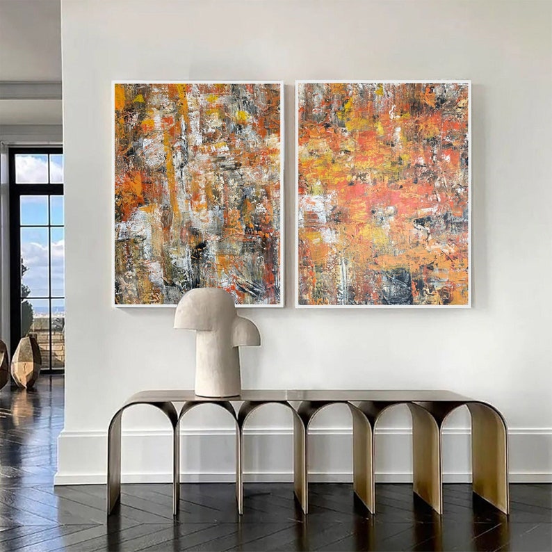 Abstract Colorful Set Of 2 Paintings On Canvas Custom Oil Painting Modern Orange Hand Painted Art Wall Decor for Home or Office Decor