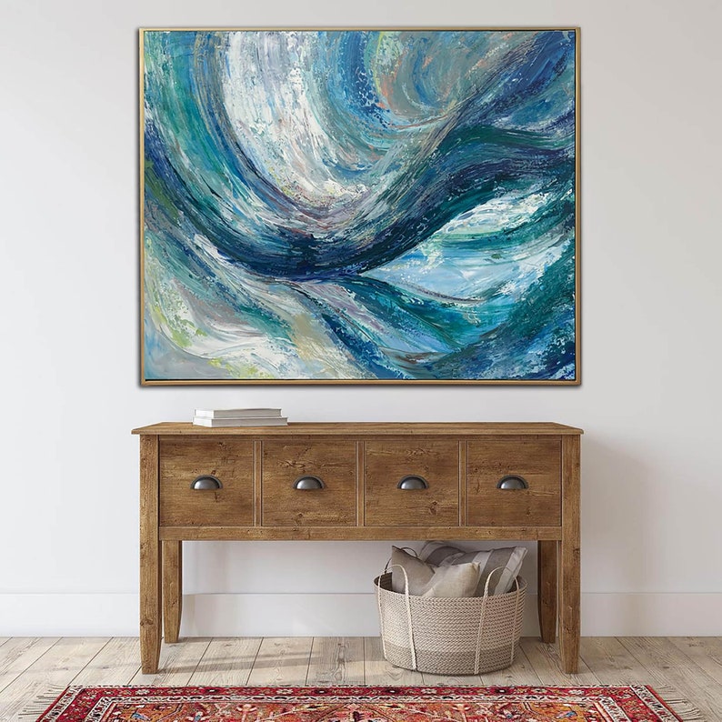 Abstrakt blåt maleri Lyseblåt maleri Abstrakte havscener Bølgemaleri Stueindretning Akrylmaleri Kontorvægkunst