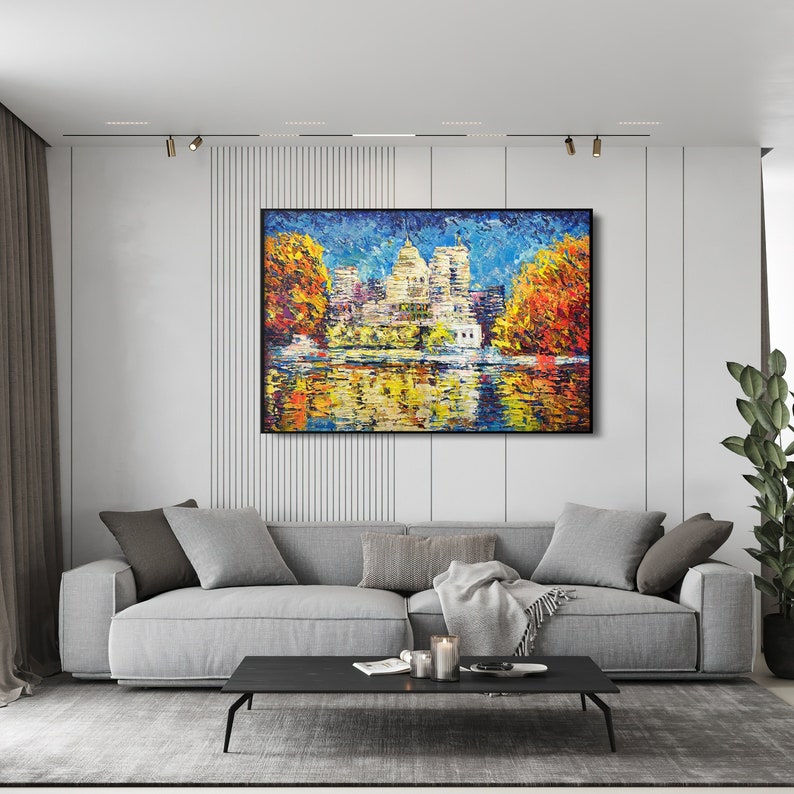 Abstract Colorful Lake Landscape Oil Painting on Canvas, Large Original Modern Orange Textured Acrylic Painting, House Near the Lake