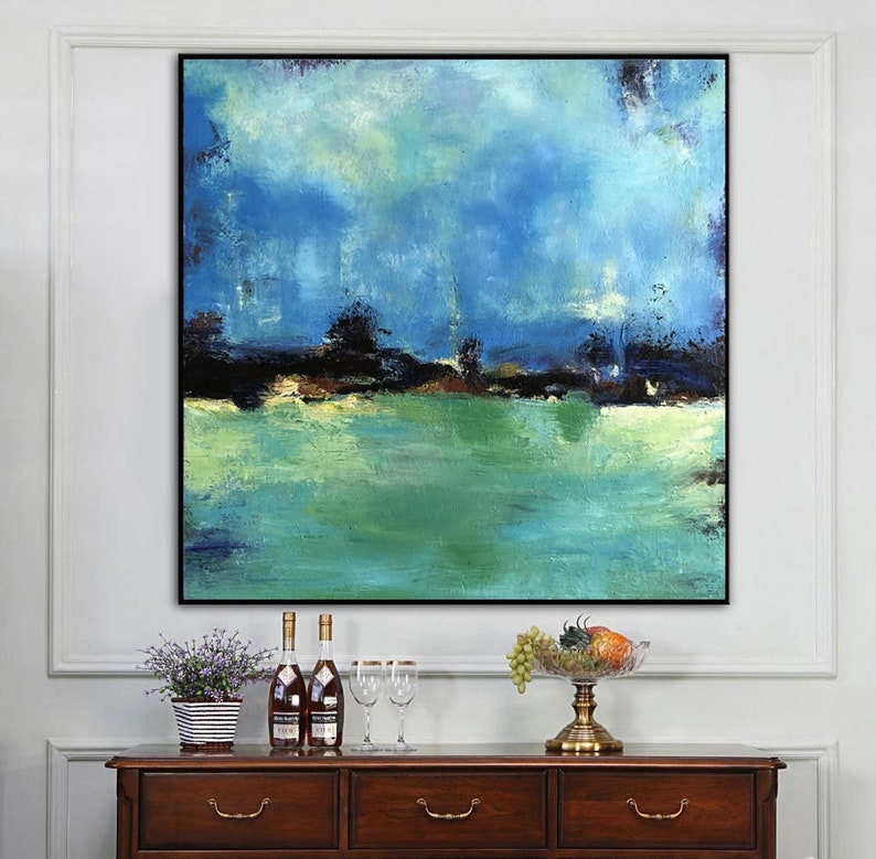 Large Abstract Canvas Art For Living Room Blue Green Wall Art Landscape Blue Landscape Modern Painting On Canvas Contemporary Painting