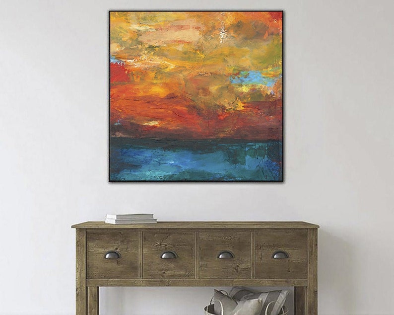 Bright Orange and Blue Sunset Ocean View. Abstract Seascape Wall Art Handmade on Canvas for Unique Home and Office Decor