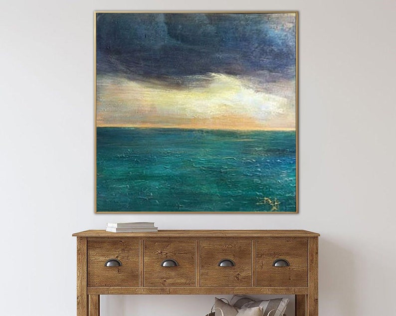 Abstract Sea And Sky Wall Art Waters Tranquility Art Ocean Art Framed Blue and Teal Painting Living Room Beach Decor