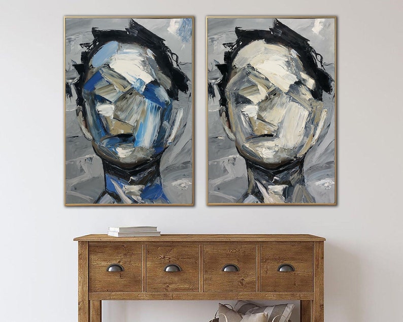 Abstract Women Faces Painting on Canvas Neutral Wall Art Diptych Art Personalized Painting Knife Palette Artwork for Aesthetic Room Decor