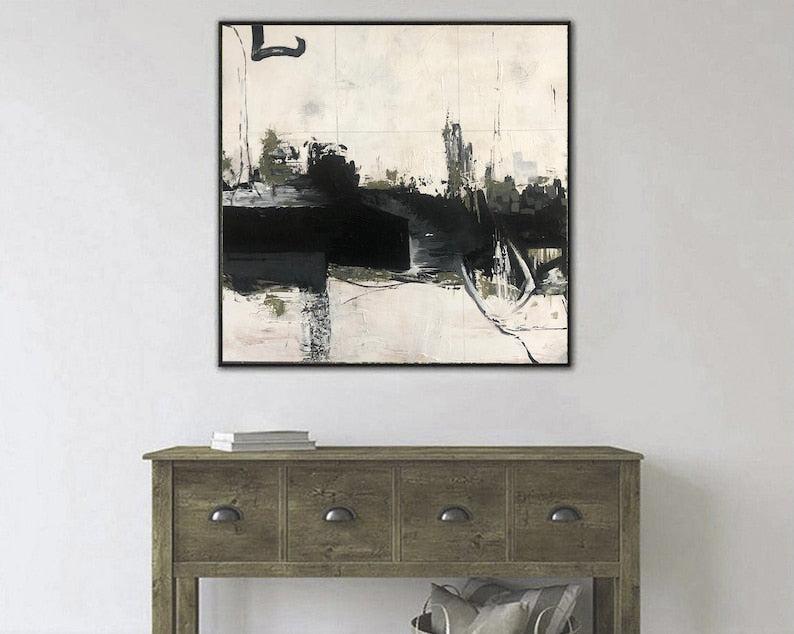 Abstrakte sort-hvide malerier på lærred Tekstureret vægkunst Moderne kunst Soveværelses vægkunst Monokrom maleri Industriel kunst