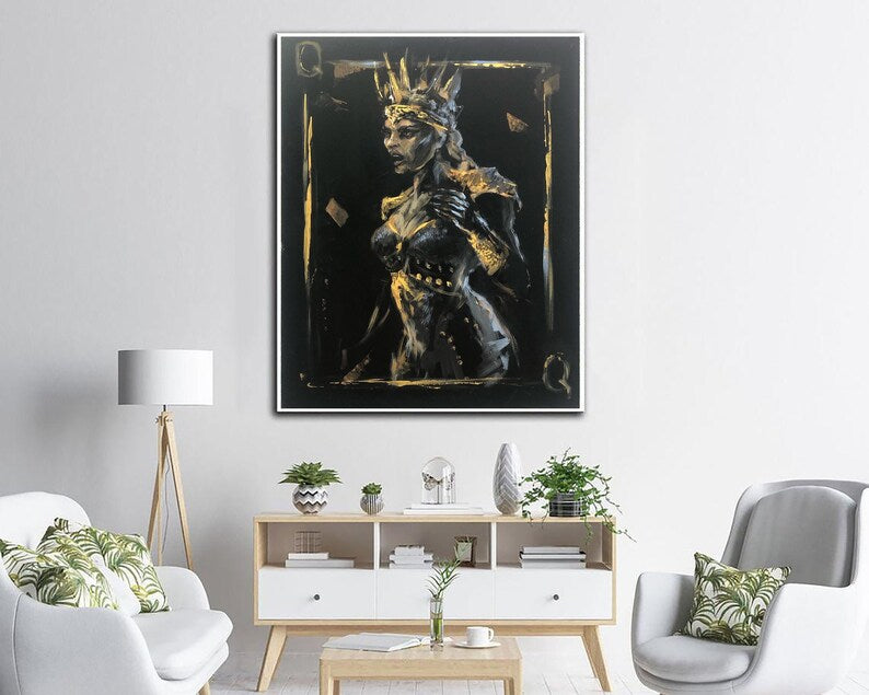 Pik-Dame Schwarz und Gold Abstrakte Kunst Moderne Ermächtigende Weibliche Kunst Kraftvolles Frauenportrait Leinwand Royalty Wanddekoration