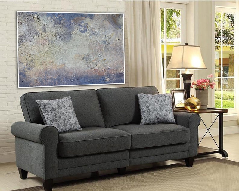 Stor tekstureret vægkunst abstrakt maleri blå og grå moderne vægkunst paletkniv oliemaleri stueindretning indflyttergave