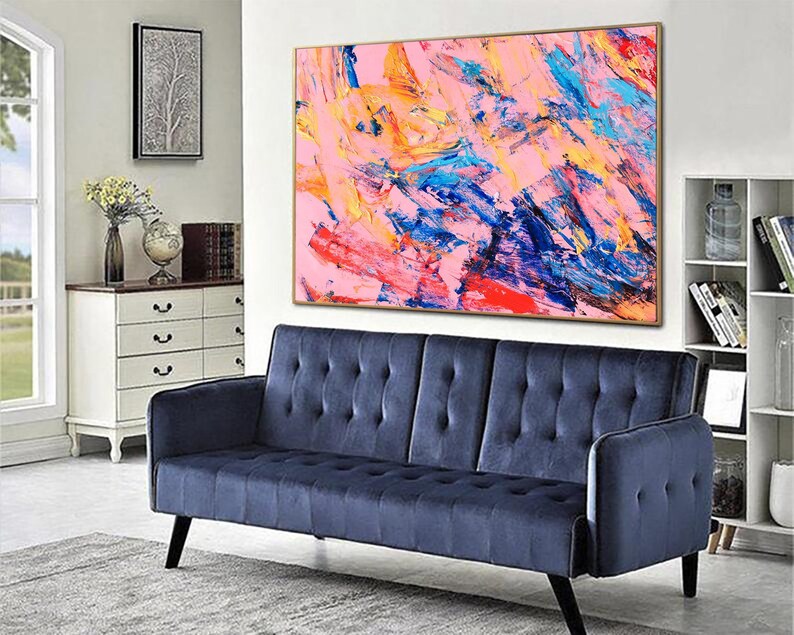 Abstract Painting Bright Wall Art Colorful Artwork Palette Knife Oil Painting Pink Painting Textured Wall Art Oversized Wall Art