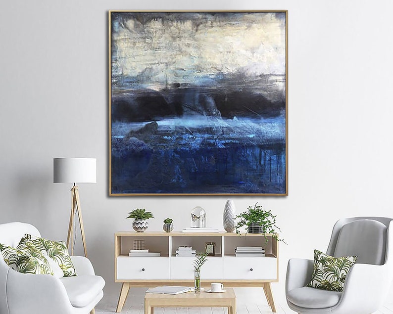 Abstract Dark Blue Ocean Painting Saltwater Art Waves Painting Ocean Art Framed Moody Colors Painting Rich Textured Art