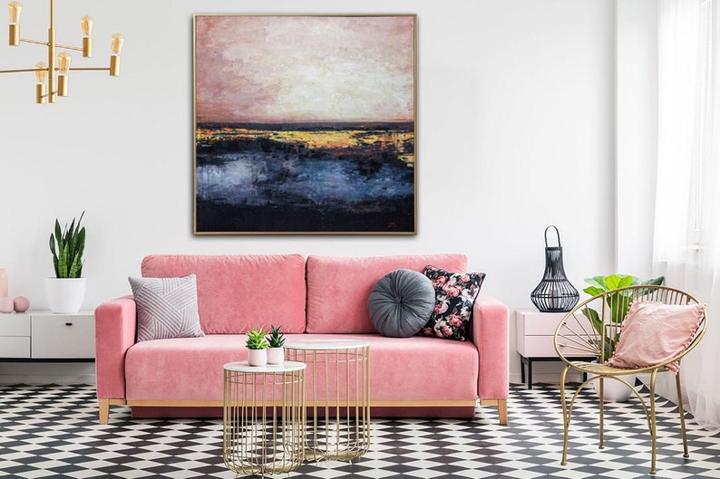 Abstract Sunset Painting Blue Oil Canvas Original Pink Painting Gold Leaf Artwork Living Room Art Housewarming Gift Office Wall Decor