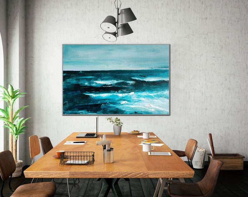Abstract Ocean Painting on Canvas - Large Blue Sea Wall Art - Modern Coastal Decor for Living Room or Office