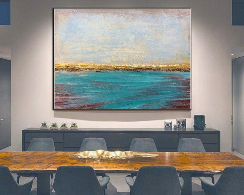 Abstract Seascape Painting Ocean Horizon Wall Art Coastal Home Decor Blue and Gold Painting Ocean-Inspired Art Calm and Peaceful Canvas