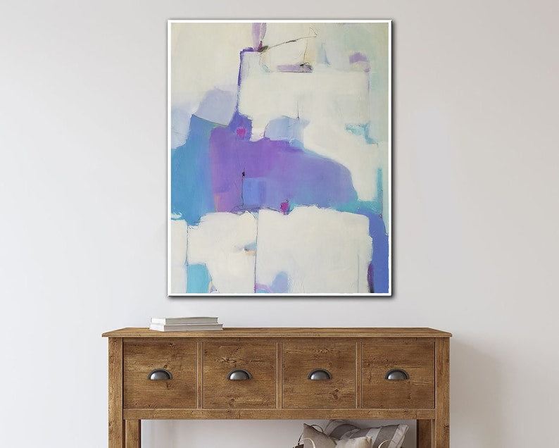 Modern Abstract Painting - Original Handmade Artwork in White and Lavender Tones for Minimalist Decor