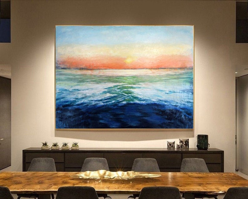 Ocean Sunset Art Modern Sunrise Wall Decor Water Landscape Art Coastal Seascape Painting
