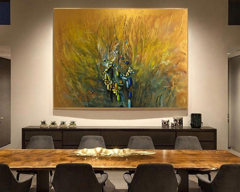 Golden Abstract Painting on Canvas Modern Wall Art with Blue and Green Accents Textured Original Large Contemporary Artwork