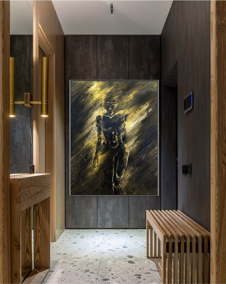 Abstract Female Figure in Black and Gold Modern Femininity Elegance Painting Contrast Light and Shadow Minimalist Wall Art Mystery Decor