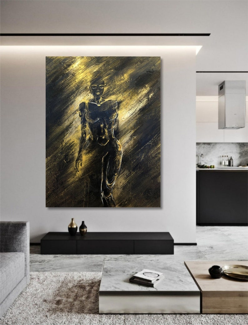 Abstract Female Figure in Black and Gold Modern Femininity Elegance Painting Contrast Light and Shadow Minimalist Wall Art Mystery Decor