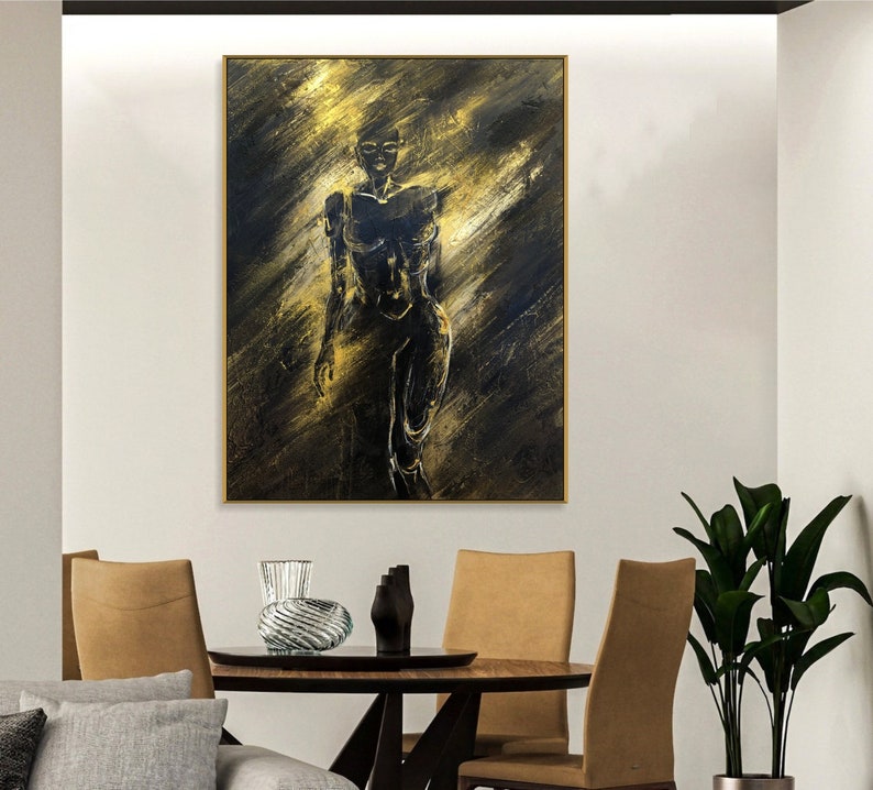 Abstract Female Figure in Black and Gold Modern Femininity Elegance Painting Contrast Light and Shadow Minimalist Wall Art Mystery Decor