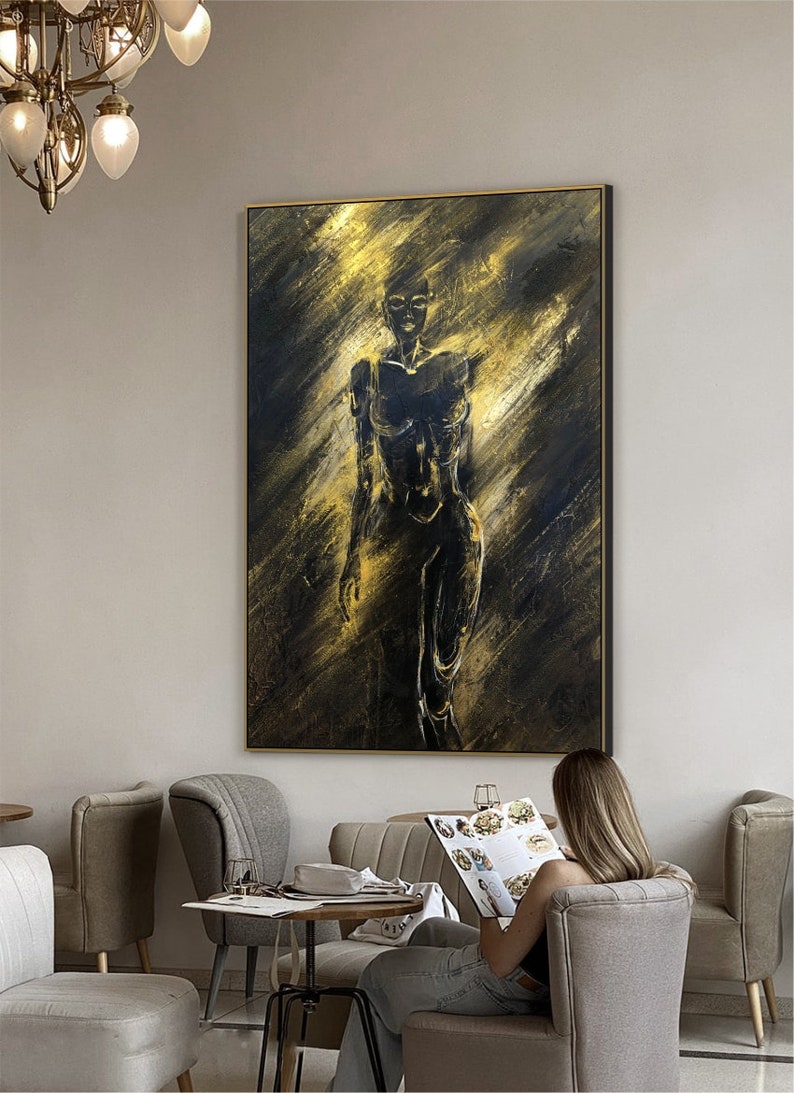 Abstract Female Figure in Black and Gold Modern Femininity Elegance Painting Contrast Light and Shadow Minimalist Wall Art Mystery Decor