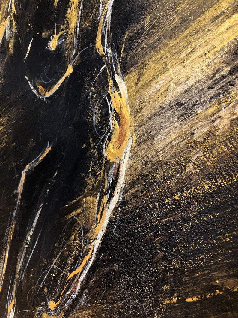 Abstract Female Figure in Black and Gold Modern Femininity Elegance Painting Contrast Light and Shadow Minimalist Wall Art Mystery Decor