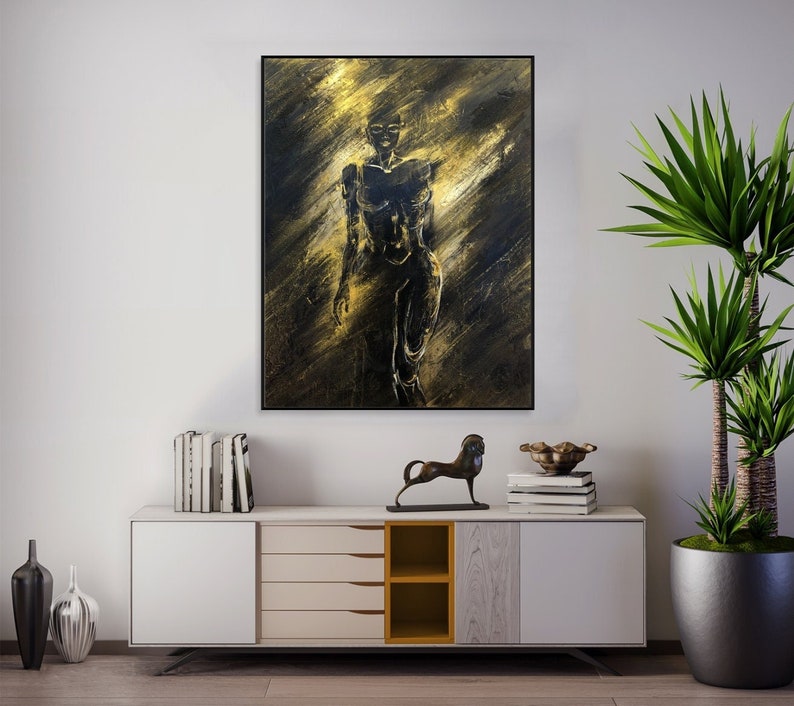 Abstract Female Figure in Black and Gold Modern Femininity Elegance Painting Contrast Light and Shadow Minimalist Wall Art Mystery Decor