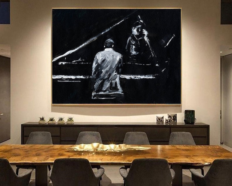 Großes Ölgemälde auf Leinwand Klaviergemälde Schwarz-Weiß-Kunst Menschliche Malerei Kunstgemälde Originalgemälde für Wohnzimmer Musikkunst
