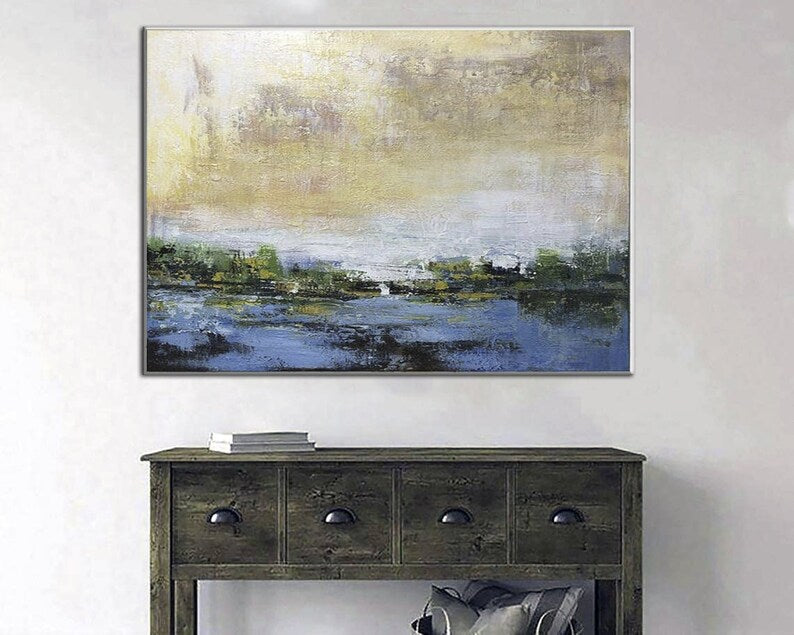 Serene Abstract Landscape Painting - Large Blue and Green Canvas Art for Tranquil Home Decor - Calming Wall Art for Living Room