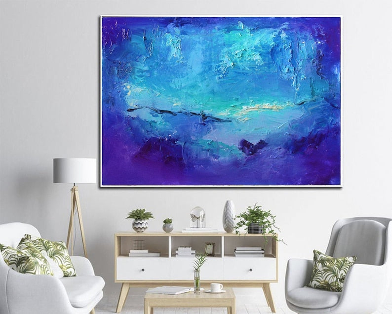 Blue Painting Deep Blue Abstract Landscape Painting Textured Art Handmade Modern Decor Ocean Artwork for Home or Office Decor