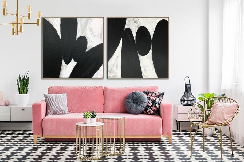 Large Abstract Painting Modern Wall Art Set Of 2 Paintings on Canvas Black White Oil Painting Living Room Wall Art Office Wall Art Framed