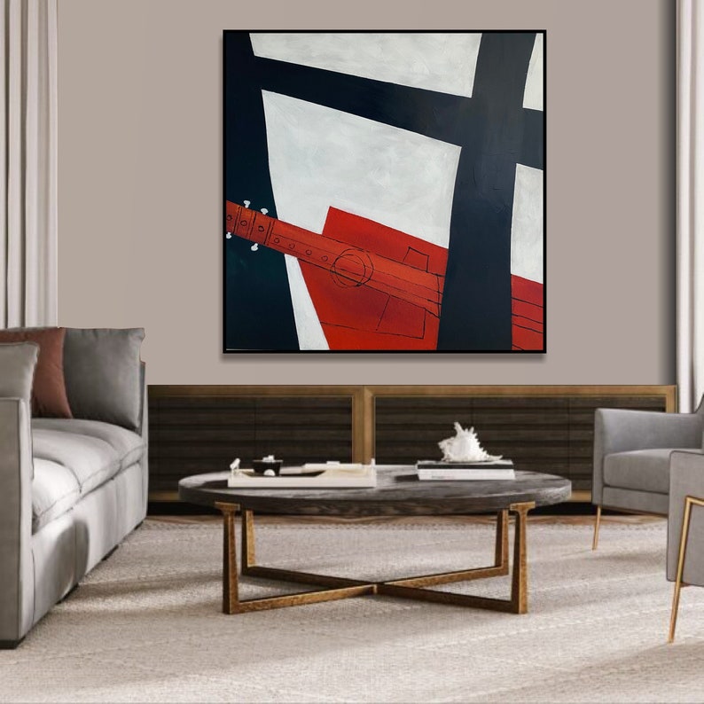 Abstract Geometric Figures Paintings On Canvas Modern Black And White Painting Musical Instrument Artwork Abstract Red Guitar Wall Art Decor